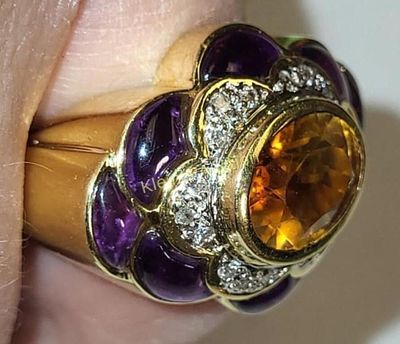 18K yellow gold ring w/ diamonds, amethyst , citrie. 18K yellow gold ring w/ diamonds, amethyst 