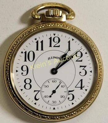 pocket watch Illinois 18K ge 17 jewels works. Railroad style dial 51.5 mm wide case 18K ge case 