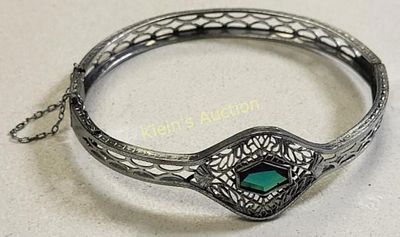 vtg filigree & faux emerald bracelet petit. signed LMFC& co well known md century designer super 