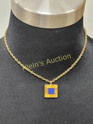 14K yellow gold pendant & 15" gold filled necklace. looks like lapis on one side and obsidian on 