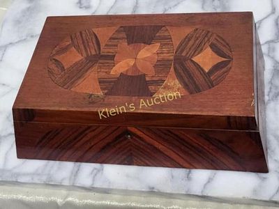 antique Japanese multi wood parquetry box inlaid. gorgeous shape and exotic inlay wood mirror 