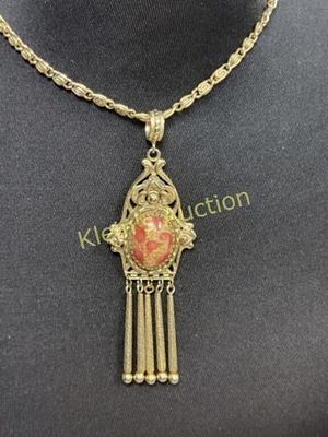 vtg whiting davis pink art deco necklace pendant. 24" chain w/ orig tag nice 4 1/2" drop pendant 