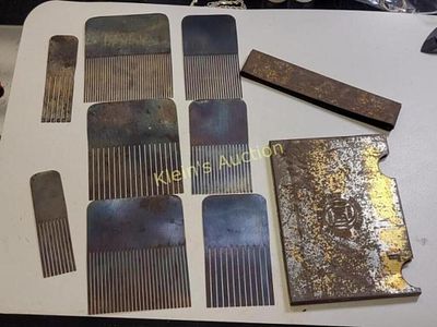 antique blue steel english wood graining combs. all with orig box early 1800's? see pics