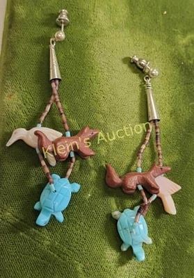 pair of zuni carved sterling earrings w/turtles &. pair of zuni carved sterling earrings w/ 
