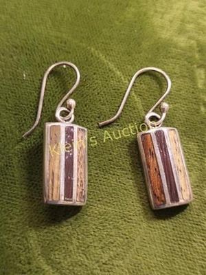 vtg sterling & exotic wood earrings dangle. beautiful sterling silver dangle earrings w/exotic 