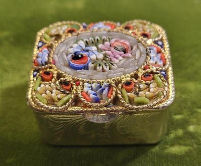 Italy micro mosaic pill or snuff box. 3/4" tall x 1 1/4" wide in great shape all hand laid 