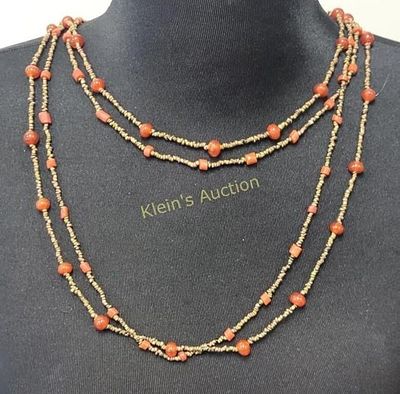 carnelian & red coral & heishi bead necklace 56". large 56" double strand necklace vintage from 