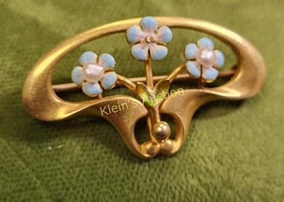 14K antique art nouveau brooch artist signed too!. gorgeous 14K solid yellow gold w/ enameled 