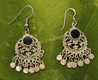 sterling silver &amp; onyx dangle earrings southwest style 2" drop total length see pics