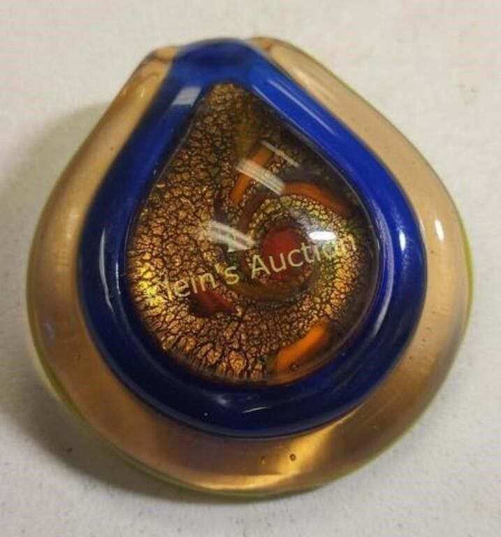 glass pendant w/ aventurine gold flecks Murano?. gorgeous blues, orange, and goldtone 1 7/8" 