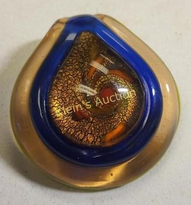 glass pendant w/ aventurine gold flecks Murano?. gorgeous blues, orange, and goldtone 1 7/8" 