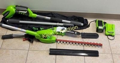 greenworks 40 volt pole saw,hedge trimmer works great like new!super clean good battery has 