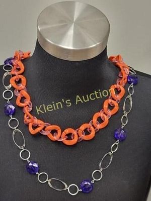 estate necklace lot of 2 orange & purple. orange one is 26" purple and chrome is 32" long both 
