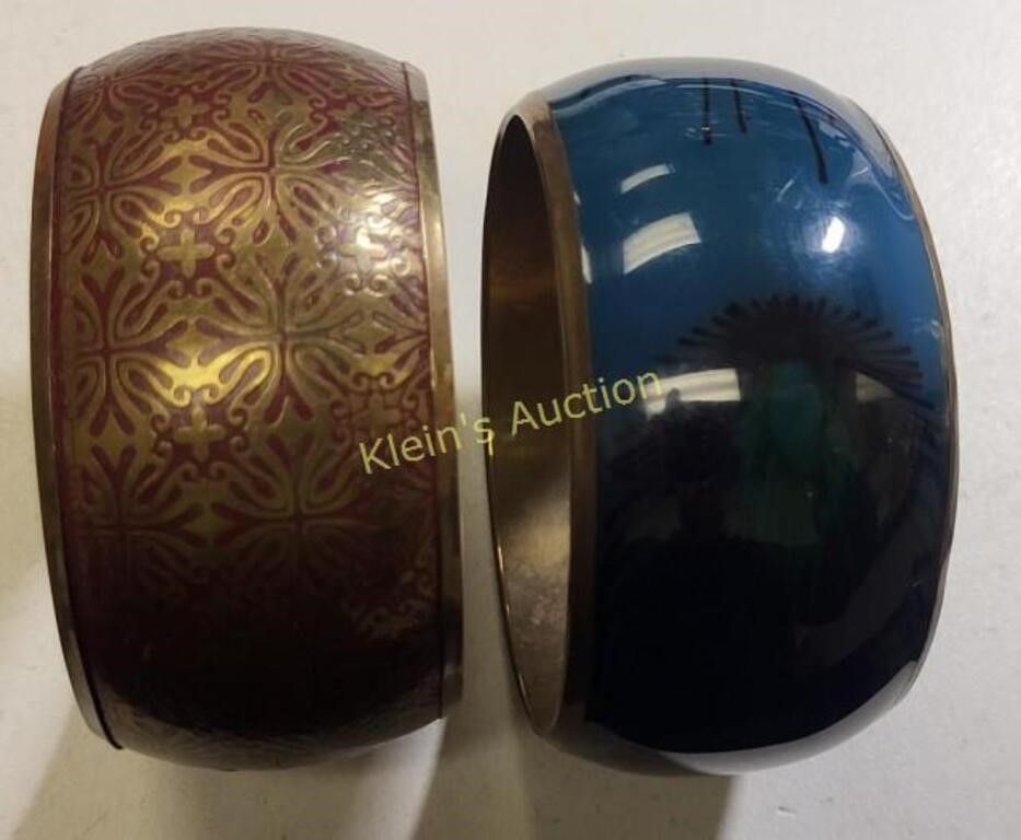 brass & enameled boho bangle bracelets lot of 2 Peacock too! 
nice blue peacock style and 