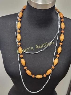necklaces estate lot of 2 carved wood & faux pearl. 58" silvery faux pearls and 28" carved wood 