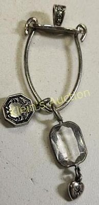 vtg silvertone pendant w/ charms. drop pendant with crystals and 2 charms see pics