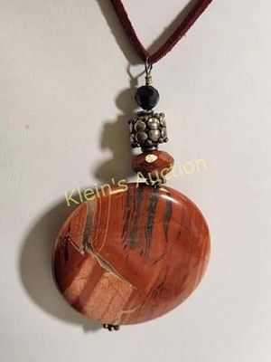 rumi sumaq style poliched red jasper pendant w/cor. 30" red felt cord w/ sterling fitting see pics