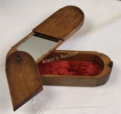 antique chestnut tri fold puzzle box w/ mirror. you must open top section to allow slide to work 