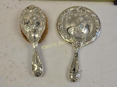 art nouveau repousse cherub sterling mirror &brush. marked sterling with winged unicorn 925-1000 