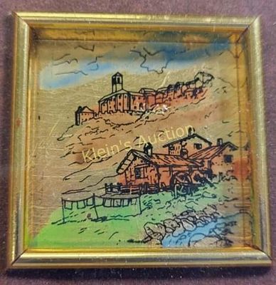 vtg gold backed painting 1923? 4 1/4" x 4 1/4". interior art size is 1 3/4" x 3/4" looks like 