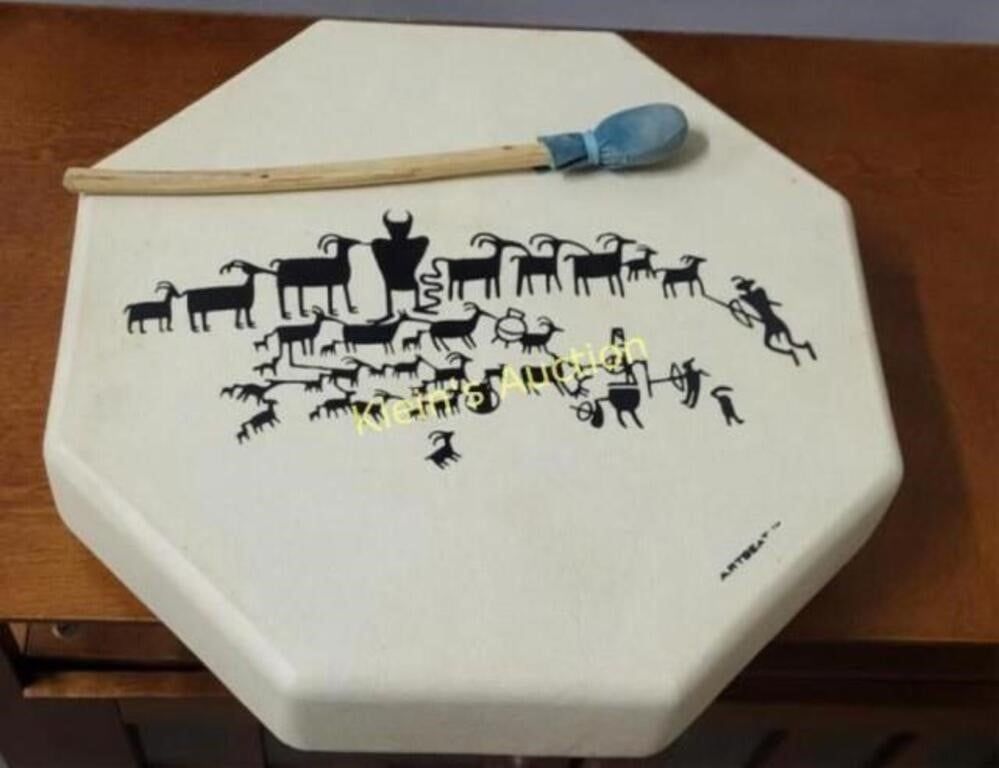 rawhide hand drum artbeat Native American w/bag. beautiful condition sounds great signed inside 
