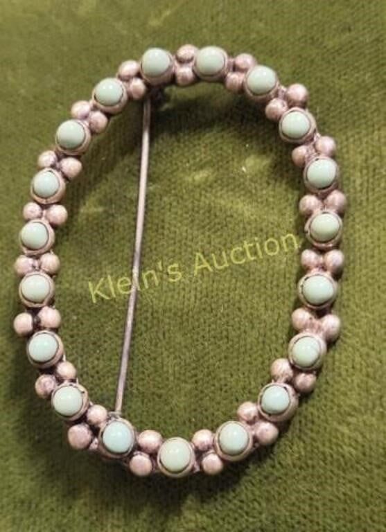 Mexican petit point turquoise & sterling brooch. 1 3/4" wide in excellent shape ready to wear 