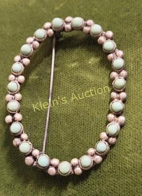 Mexican petit point turquoise & sterling brooch. 1 3/4" wide in excellent shape ready to wear 