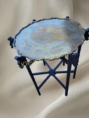 Anti. Chinese carved 6 leg folding table w/ engraved brass top tray Antique Chinese Brass Tray 