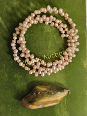 genuine pearl bracelet & large tiger eye pendant. triple wrap pearl bracelet and large 2 1/4 