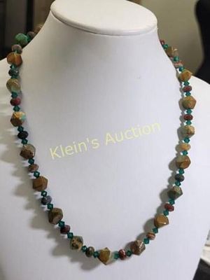 turquoise & emerald glass necklace 17" vintage. lots of nice turquoise 17" long see pics