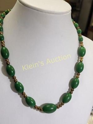 green bakelite? w/ gold tone spacers necklace. 16" long graduating size see pic very clean ready 