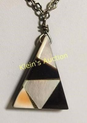 pyramid pendant mop & onyx necklace 18". vintage estate piece mother of pearl and onyx on brown 