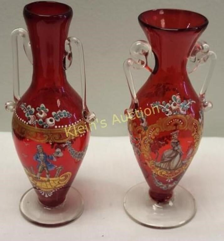 venetian ruby glass hand painted vases pair 5 ". 5 1/2" from estate hand painted pair of ruby 