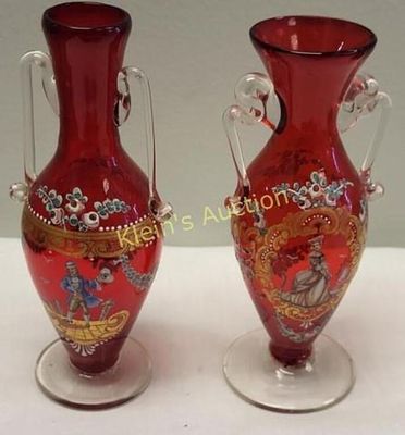 venetian ruby glass hand painted vases pair 5 ". 5 1/2" from estate hand painted pair of ruby 