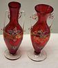 venetian ruby glass hand painted vases pair 5 ". 5 1/2" from estate hand painted pair of ruby Image - 1