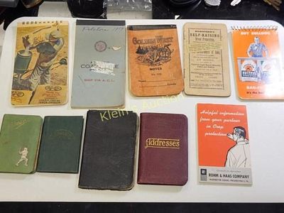10 antique tablets & address books 1877 too. 1877 horsfords self rising flour, bull dog, rhom 