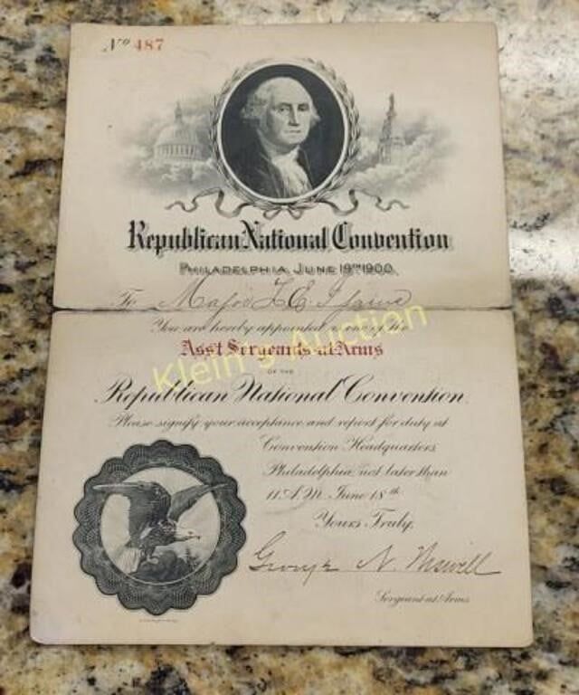 Rare 1900 certificate asst sgt at arms republican natl convention 
it is signed by g n. Wiswell 