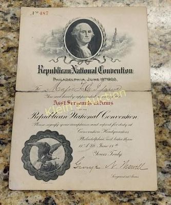 Rare 1900 certificate asst sgt at arms republican natl convention it is signed by g n. Wiswell 