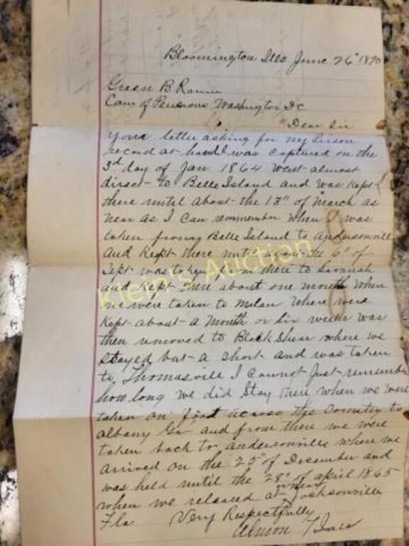 handwritten letter 6/26/1890 detailing civil war prison record the letter recounts the time 