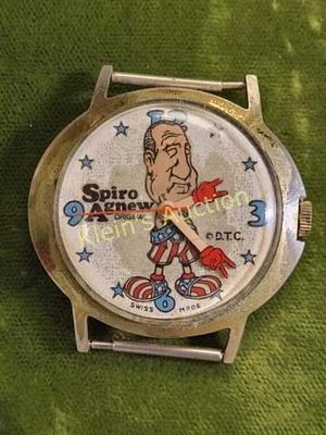 spiro agnew political watch wing up. 1960's 70's era 37.5 mm wide case full wound not working 