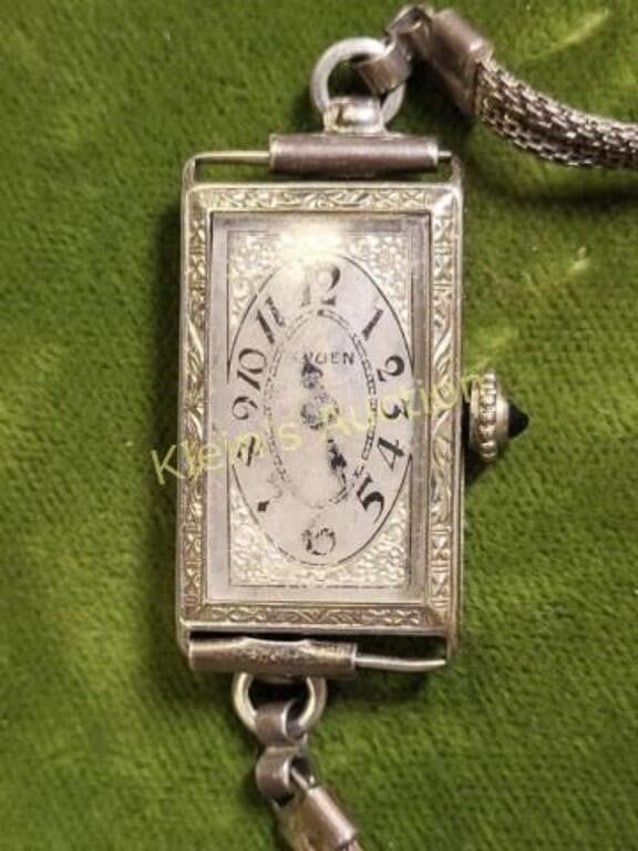 14K gold art deco gruen hand engraved watch. 14K white gold 1920's 15mm x 28mm case 15 jewel 