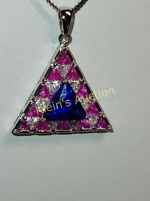 sterling silver tanzanite color w/pink ice necklace 18" sterling chain &amp; sterling pendant 