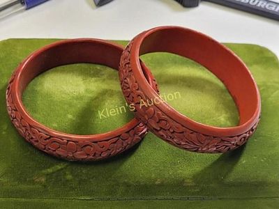 cinnabar "tested" lot of 2 bangle bracelets. 2 3/4" wide openings 17.7 mm & 19.7mm widths both 