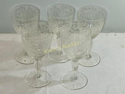 5 antique wheel cut crystal cordial glasses 4". greek key and floral pattern listed on 