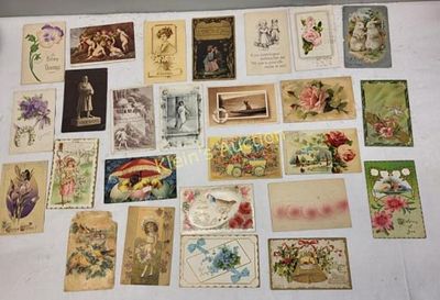 collection of diverse ant & vtg postcards, 26pcs. these cards feature embossed designs, floral 