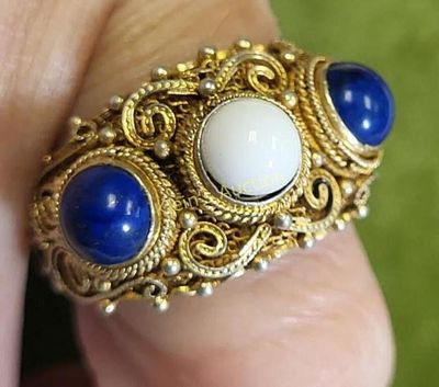 sterling w/gold wash ring filigree w/lapis. marked inside silver and tested sterling sz 8 see pics