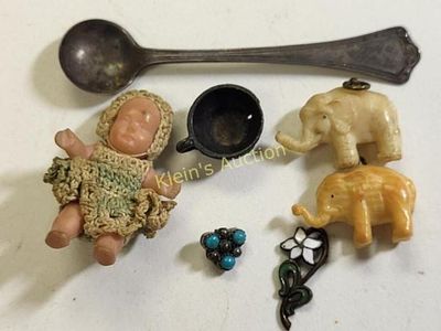 miniatures lot sterling spoon, elephant baby etc. early mini baby, elephant charms, sterling 
