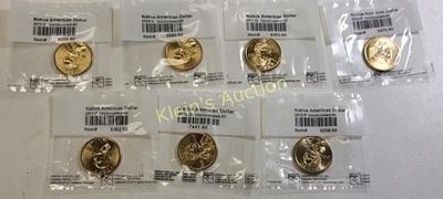 us native american dollars coins 7 pcs sacagawea. all unc 60 graded and sealed by littleton coin 