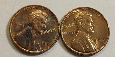 1937 2 lincoln cents wheat pennies au-bu toned. check these out au-bu and toned 1937! see pics
