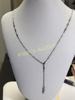 Victorian long link necklace w/center drop 28". likely silver plated scroll links 28" on main 